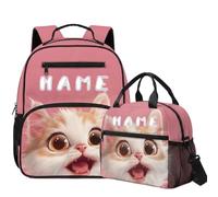 COEQINE Mochila de almuerzo para niñas de 4 a 8 años, juego de mochila personalizada de 2 piezas, mochila para pañales de jardín de infantes, Cat Pink Cute Big Eyes, M, Diseñador