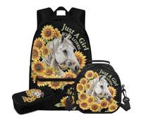 COEQINE Mochila escolar 3 en 1 para niñas de 8-10, 10-12, 12-14, mochila ligera de 6º grado para niños con bolsa de almuerzo, soporte grande para lápices, Girasol Caballo Just a Girl Who Like