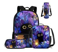 COEQINE Mochila escolar para niñas, 4 piezas, mochila para niñas con lonchera y estuche para lápices, para adolescentes, escuela secundaria, portátil, bolsa de libros, Gato negro, morado, floral, M