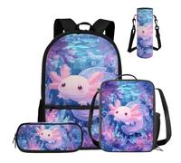 COEQINE Mochila escolar para niñas, 4 piezas, mochila para niñas con lonchera y estuche para lápices, para adolescentes, escuela secundaria, portátil, bolsa de libros, Axolotl Purple Blue Floral