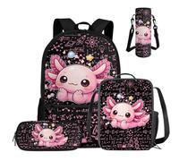 COEQINE Mochila escolar para niñas, 4 piezas, mochila para niñas con lonchera y estuche para lápices, para adolescentes, escuela secundaria, portátil, bolsa de libros, Axolotl Black Math Pink, M