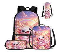 COEQINE Mochila escolar para niñas, 4 piezas, mochila para niñas con lonchera y estuche para lápices, para adolescentes, escuela secundaria, portátil, bolsa de libros, Axolotl, naranja, rosa