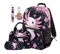 COEQINE Mochila escolar para niñas de 6 a 8 a 10 a 12 años con lonchera y bolsa grande para lápices, llavero, bolsa de libros para laptop, para primaria, 5 unidades, Axolotl Cherry Blossom Dark