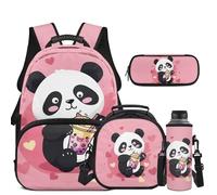 COEQINE Mochila escolar para niños pequeños con fiambrera, mochila de 17 pulgadas con llavero, funda para botella de agua, estuche para lápices, 5 unidades, Té Boba Panda Rosa