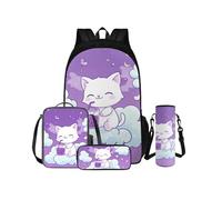 COEQINE Mochila infantil para niñas de 4, 6, 8, 10 años, bonita bolsa de libros Kawaii con fiambrera, botella de agua, bolsa escolar, juego de 4, Purple Cat Boba Milk Tea