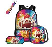 COEQINE Mochila negra para niños de 5 a 10 años con fiambrera, 4 bolsas escolares con llavero portátil, estuche para lápices, mochila para laptop, Football Rainbow Sweet Glaze Strawberry, M, Diseñador
