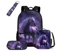 COEQINE Mochila negra para niños de 5 a 10 años con fiambrera, 4 bolsas escolares con llavero portátil, estuche para lápices, mochila para laptop, Caballo morado oscuro galaxia noche estrellada, M