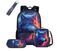 COEQINE Mochila negra para niños de 5 a 10 años con fiambrera, 4 bolsas escolares con llavero portátil, estuche para lápices, mochila para laptop, Wolf Red Blue Flame Cosmic Sky, M, Casual