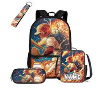 COEQINE Mochila negra para niños de 5 a 10 años con fiambrera, 4 bolsas escolares con llavero portátil, estuche para lápices, mochila para laptop, Jugador de béisbol, llama de fuego naranja, M