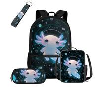 COEQINE Mochila negra para niños de 5 a 10 años con fiambrera, 4 bolsas escolares con llavero portátil, estuche para lápices, mochila para laptop, Axolotl Black Teal Galaxy Starry, M, Diseñador