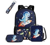 COEQINE Mochila negra para niños de 5 a 10 años con fiambrera, 4 bolsas escolares con llavero portátil, estuche para lápices, mochila para laptop, Dinosaurio azul oscuro Space Rocket Galaxy, M, Casual