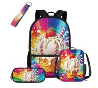COEQINE Mochila negra para niños de 5 a 10 años con fiambrera, 4 bolsas escolares con llavero portátil, estuche para lápices, mochila para laptop, Baseball Rainbow Berry Sundae Cream, M, Casual