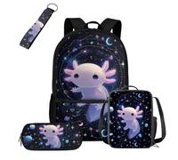 COEQINE Mochila negra para niños de 5 a 10 años con fiambrera, 4 bolsas escolares con llavero portátil, estuche para lápices, mochila para laptop, Axolotl Black Dark Galaxy Starry, M, Diseñador