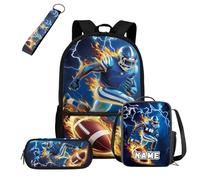 COEQINE Mochila negra para niños de 5 a 10 años con fiambrera, 4 bolsas escolares con llavero portátil, estuche para lápices, mochila para laptop, Football Player Dark Blue Lightning Flame, M