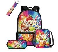 COEQINE Mochila negra para niños de 5 a 10 años con fiambrera, 4 bolsas escolares con llavero portátil, estuche para lápices, mochila para laptop, Volleyball Rainbow Fruit Candy Cream, M, Casual