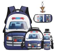 COEQINE Mochila para niños de 8 a 12 años, mochila escolar para niños de 4 a 12 años con estuche para lápices, llavero, soporte para botella de agua, bolsa para libros, Blue Police Car Galaxy