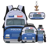 COEQINE Mochila para niños de 8 a 12 años, mochila escolar para niños de 4 a 12 años con estuche para lápices, llavero, soporte para botella de agua, bolsa para libros, Blue Police Car Patrol