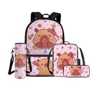 COEQINE Mochila para niños y niñas con juego de lonchera, 4 bolsas para libros con bolsa para lápices y funda para botella de agua, mochila escolar, Capybara Pink Strawberry Fruit, M, Diseñador