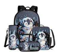 COEQINE Mochila para niños y niñas con juego de lonchera, 4 bolsas para libros con bolsa para lápices y funda para botella de agua, mochila escolar, Pingüino azul oscuro Galaxy Cute, M, Diseñador
