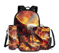 COEQINE Mochila para niños y niñas con juego de lonchera, 4 bolsas para libros con bolsa para lápices y funda para botella de agua, mochila escolar, Eagle Black Orange Flame Sky, M, Casual