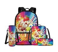 COEQINE Mochila para niños y niñas con juego de lonchera, 4 bolsas para libros con bolsa para lápices y funda para botella de agua, mochila escolar, Caramelo de frutas arcoíris de voleibol deportivo