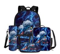 COEQINE Mochila para niños y niñas con juego de lonchera, 4 bolsas para libros con bolsa para lápices y funda para botella de agua, mochila escolar, Blue Lightning Train Car Cool, M, Casual