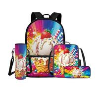 COEQINE Mochila para niños y niñas con juego de lonchera, 4 bolsas para libros con bolsa para lápices y funda para botella de agua, mochila escolar, Baseball Rainbow Berry Sundae, M, Casual
