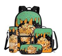 COEQINE Mochila para niños y niñas con juego de lonchera, 4 bolsas para libros con bolsa para lápices y funda para botella de agua, mochila escolar, Pintura de goteo verde león naranja, M, Diseñador