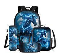COEQINE Mochila para niños y niñas con juego de lonchera, 4 bolsas para libros con bolsa para lápices y funda para botella de agua, mochila escolar, Horse Blue Lightning Seawater, M, Diseñador