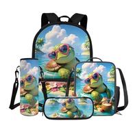 COEQINE Mochila para niños y niñas con juego de lonchera, 4 bolsas para libros con bolsa para lápices y funda para botella de agua, mochila escolar, Gafas de sol de playa Blue Turtle, M, Casual