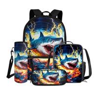 COEQINE Mochila para niños y niñas con juego de lonchera, 4 bolsas para libros con bolsa para lápices y funda para botella de agua, mochila escolar, Shark Blue Fire Lightning Sky, M, Casual