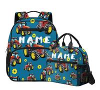 COEQINE Mochila personalizada para niños pequeños con fiambrera, fácil cierre, mochila escolar para niños, jardín de infantes, preescolar, Tractor Blue Farm Car, M, Casual