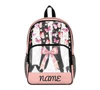 COEQINE Mochila rosa transparente para niñas, mochila escolar para niños de 8 a 12 años con soporte para botella de agua, viajes para conciertos, 17 pulgadas, Nombre de la custodia de lazo rosa