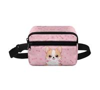 COEQINE Riñonera de dibujos animados, color rosa, impermeable, ajustable, para correr, senderismo, ciclismo, Lindo perro Corgi con estampado de pata rosa, Mochila infantil