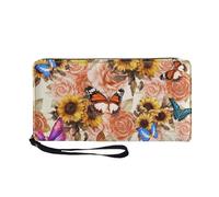 COEQINE Tarjetero grande para mujer, de cuero, con cremallera, correa de muñeca para cumpleaños, Mariposa de flores vintage, Casual