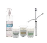 Cofan 3 Velas Perfumadas con Aromas Cedro, Bambú y Lino, Encendedor Eléctrico USB, Ambientador Textil 500 ml Aroma Brisa