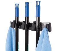 Cofan Colgador de escobas y fregonas con 3 soportes y 4 ganchos, Organizador de pared ajustable de aluminio y polipropileno, Fuerte y práctico, Ideal para artículos de limpieza