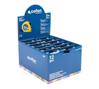 Cofan Expositor para flexómetros con bloqueo de hoja de Cofan | Incluye 12 flexómetros | Flexómetro de 5 m x 25 mm (hoja) | Medida expositor: 22 x 28 x 15,5 cm