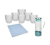 Cofan Pack Jarra de Vidrio Borosilicato Azul 1,3 l, 6 Vasos de Vidrio transparentes 29 cl, Hule Antimanchas 1,4 x 1,4 m Diseño Cuadros Vichy
