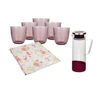 Cofan Pack Jarra de Vidrio Borosilicato Morada 1,3 l, 6 Vasos de Vidrio Púrpura 29 cl, Hule Antimanchas 1,4 x 1,4 m Diseño Floral