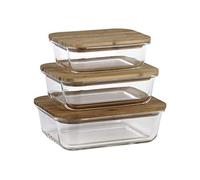 Cofan Set de 3 Fiambreras Rectangulares de Borosilicato | Modelo Bambú | Tapa de Bambú | Capacidad 640-1040-1520 ml