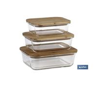Cofan Set de 3 fiambreras rectangulares Bambú – Borosilicato, tapas bambú 640/1040/1520 ml