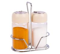 Cofan Set de sal y pimienta con soporte | Juego de 2 piezas | Frascos de vidrio borosilicato | Capacidad: 120 ml por frasco | Tapas de color beige
