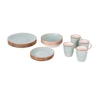 Cofan Vajilla de cerámica color verde agua pintada a mano | Set de 16 piezas | Apta para lavavajillas, microondas y horno