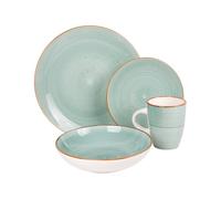 Cofan Vajilla de cerámica color verde agua pintada a mano | Set de 16 piezas | Apta para lavavajillas, microondas y horno