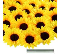 Coferset 40 Cabezas de Girasol Falsas con Tallos, Cabezas de Flores Artificiales de Girasol de 4 Pulgadas, Cabezas de Girasoles de Seda para Fiestas, Baby Shower, decoración de Boda, Manualidades,