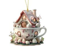 Coffee Cup House Easter Egg Ornament - 2D Acrylic Flat Hangable Pendant Decor, Festive Holiday Decoration | Tree Home Party Spring Display Hanging Accessories