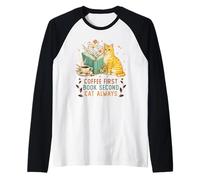 Coffee First Book Second Cat Always Reading Library Cat Love Camiseta Manga Raglan