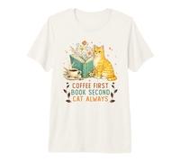 Coffee First Book Second Cat Always Reading Library Cat Love Camiseta Premium