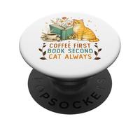 Coffee First Book Second Cat Always Reading Library Cat Love PopSockets PopGrip Adhesivo
